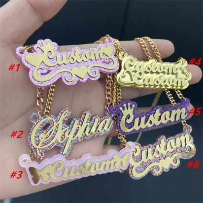 China Cute Personalized Kids Acrylic Name Double Glitter Nameplate Jewelry Customized Made Any Name Pendant Necklace for Women Girl for sale