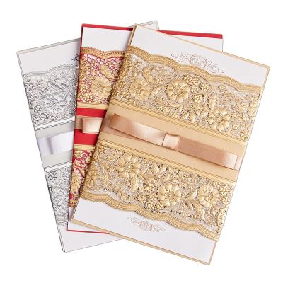 China Europe Fashion Design Red Leaves Laser Cut And Foil Gold Wedding Invitation Embossing Cards With Bow for sale