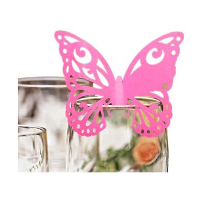 China Butterfly Wine Glass Cards Name Place Cards Paper Laser Cut Wine Cup Decoration Postcards Wedding Centerpieces Table Decoration (Pink) for sale