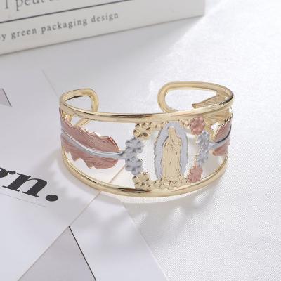 China Religious Tri Color Gold Plated Pulsera de la Virgen De Guadalupe Oro Laminado Religious Jewelry Christian Open End Cuff Bangle Bracelet for sale