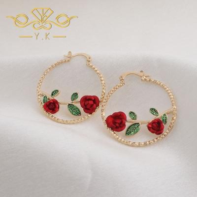 China Factory Price 18k Gold Cinnabar Red Rose 3D Flower Branch Religious Gold Circle Big Circle Earrings 21524 for sale