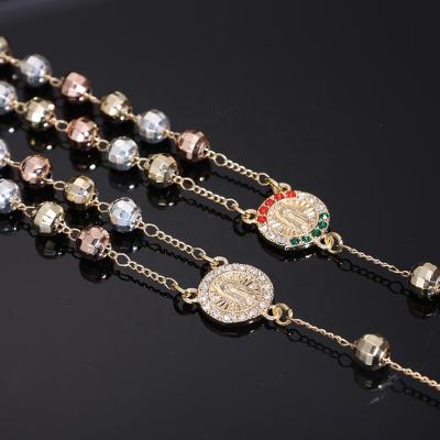 China CLASSIC Classic Tricolor Rhinestone Women's 14k Gold Plated Tricolor Beaded Virgin Mary St Jude Rosary Necklace for sale