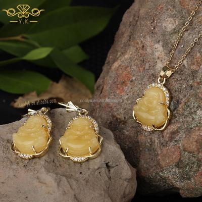 China Good Luck Hetian Jade Buddha Necklace Laughing Smile Buddha Necklace Earrings Jewelry Religious Pendant Set for sale