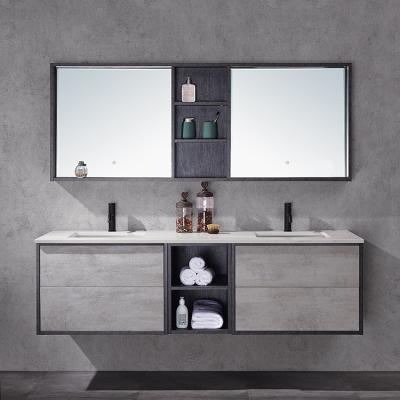 China Modern HILITE Premium Quality Hotel Luxury Bathroom Vanity Cabinet Double Sink Modern Wall Hung Mirror Bathroom Cabinet Led for sale