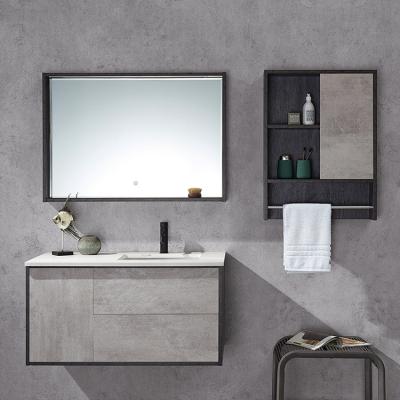 China Modern HILITE New Touched Open Led Mirror Cabinet Light Grey Marble Melamine Face Board Modern Bathroom Wall Cabinet Vanity Wood for sale