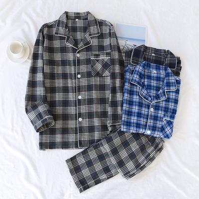 China Spring and Autumn Men's QUICK DRY ' s 100% cotton knit pajamas pants long sleeve two piece simple plaid loose home wear for sale