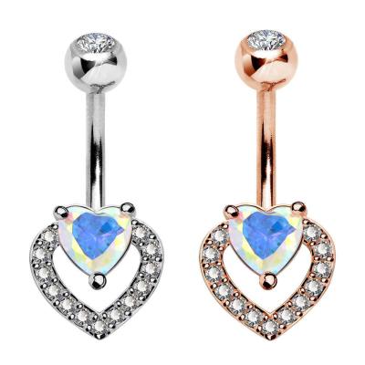 China Colorful Belly Button Ring Navel Ring Piercing Jewelry Double Heart Shaped Belly Button Ring 14G AB CZ for sale