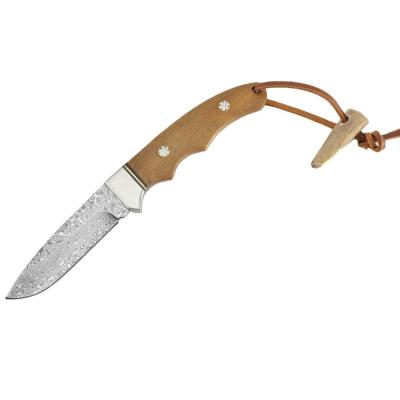 China Premium Non-variable Wood Handle Damascus Blade Male Horn Camping Survival Steel Outdoor Hunting Knife With Leather Rope for sale