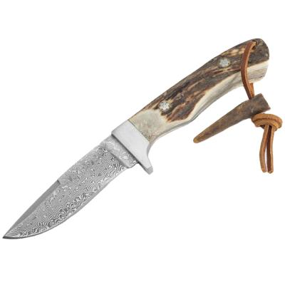 China Premium Non-variable Steel Blade Damascus Handle Antler Camping Survival Outdoor Hunting Knife With Leather Rope for sale