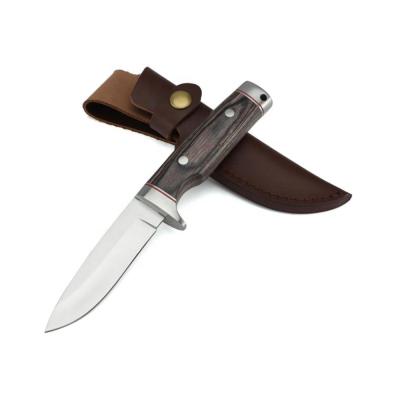 China Non-variable Handmade Colorful Stainless Steel Wood Fixed Blade Handle Camping Outdoor Hunting Knife With Leather Sheath for sale