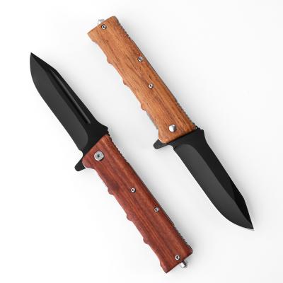 China Outdoor Screw Release Rescue Survival Rescue Wood Handle Stainless Steel Blade Folding Pocket Knife With Glass Breaker for sale