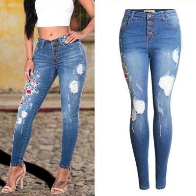 China Wholesale QUICK DRY Women's Skinny Jeans Stretch High Waist Embroidered Ripped Jeans for sale