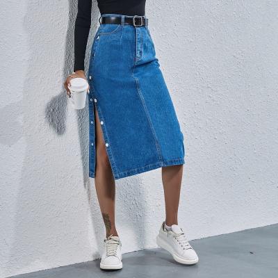 China Anti-Static Fly Side A-Line Student Zipper Denim Mid Length Split Skirt With Two Pockets for sale