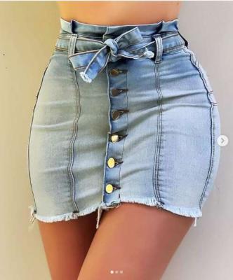 China High quality WANLI style high waisted stretch hot viable tie denim skirt for sale