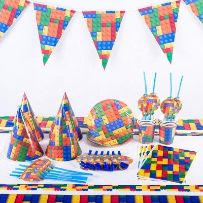 China Disposable Eco-friendly Lego Building Blocks Party Decoration Tableware Set Plates Cups Banner Tablecloth Baby Shower Kids Birthday Party Decor Supplies for sale