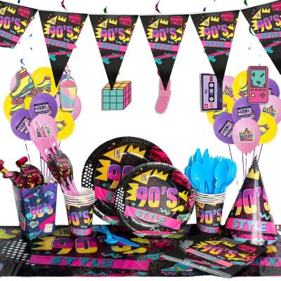 China Waterproof new 90s party tableware set 1990s hip pop theme disco theme party decoration supplies paper plate cup tablecover at retro for sale