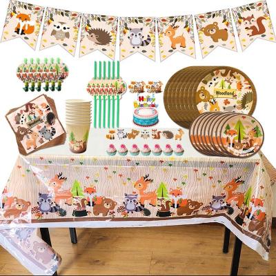 China Paper Woodland Party Animal Tableware Supplies Paper Plate Cup Napkins Table Cover for Birthday Party Decoration for sale