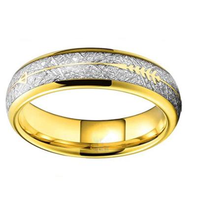 China Hard Hot Selling Meteorite Silver With 18k Gold Arrow Inlaid Titanium Stainless Steel Wedding Ring for sale