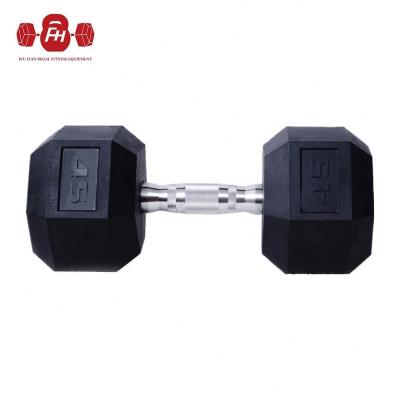 China Rubber Covered Dumbbell Gym Equipment Fixed 5 KG-50 Kg Black Rubber Coated Hex Dumbbell Weightlifting PVC Hex Dumbbell for sale