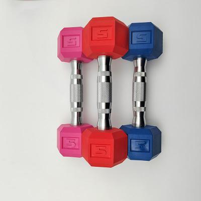 China equipment rubber coated color gym dumbbell hex dumbbell set professional rubber-coated hex dumbbell for sale