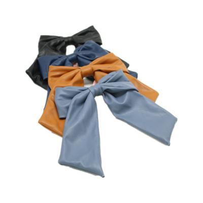 China Soft Big Hair Bows For Women Girl Big Bow Leather Barrette Clip With Satin Ribbon Solid Color Long Silky Bowknot Hairpin for sale