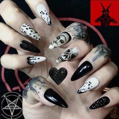 China European Style Design Wholesale Fake Nail Bits Almond Water Drops And American Long Headed Dark Punk Skull Nail Art Fales Nails for sale