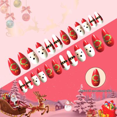 China French Custom 24 Pieces Elk Snowman Christmas Tree Almond Fake Nails Press On Nails for sale