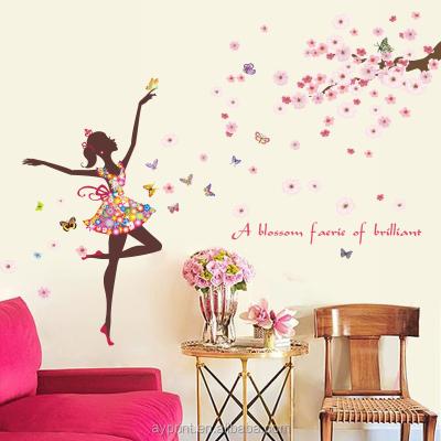 China WALL STICKER HM92005 Decor Wall Sticker Dancing Girl Butterfly Flower Home Bedroom TV Background Decorative Wall Decal for sale