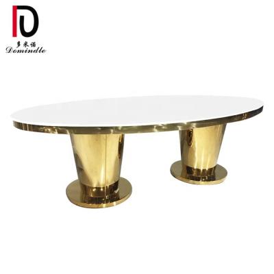 China Dubai Banquet Modern Stainless Steel Frame MDF Top Gold Wedding Dining Table for sale