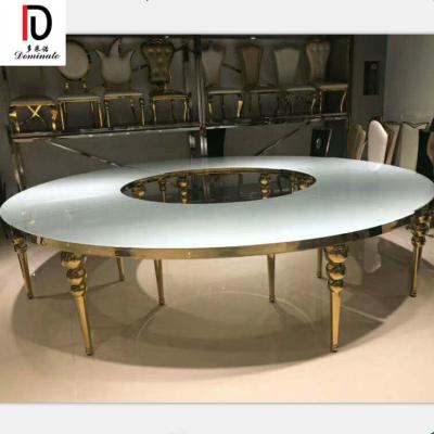 China Commercial luxury hotel chair cafe dining round wedding mounted gold stainless steel half moon table for sale