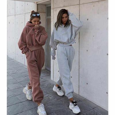 China 2 Piece Women's Breathable Jumper Gym Workout Velvet Jogger Set Crop Top Custom Oversized Sweatshirt Loose Pullover Hoodie Women for sale