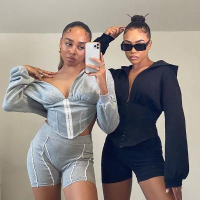 China Wholesale Custom Made Polyester Stringless Corset Anti-wrinkle Simple Black High Quality Cropped Hoodie Woman for sale