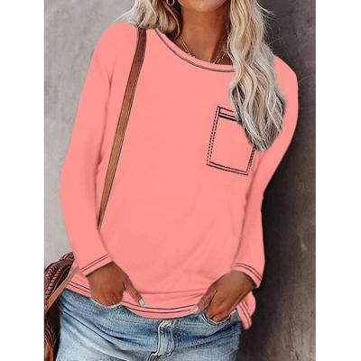 China Autumn And Winter Trend New Breathable Women's Solid Color Patch Pocket Casual Loose Round Long Sleeve T-shirt for sale