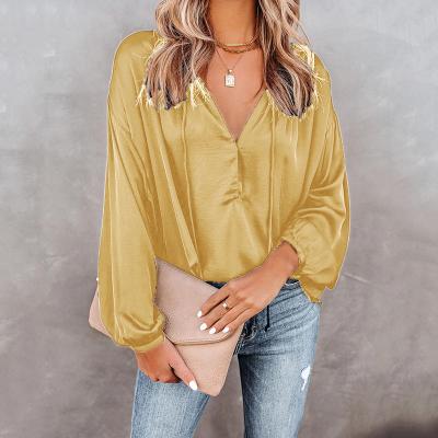 China Office Solid Color QUICK DRY Fashionable V-Neckline Long Sleeve Flare Sleeve Loose Fit Women's Shirts and Blouse for sale