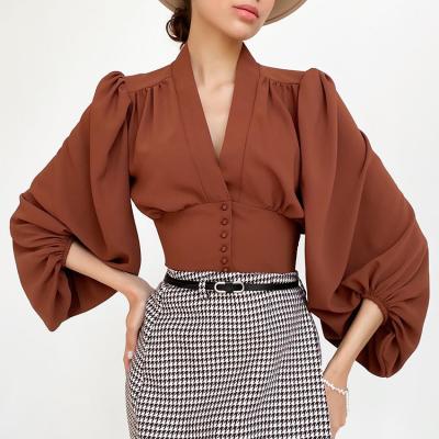 China New Lantern 2022 Elegant Breasted V-Neck Anti-Shrink Sleeve Solid Color Draped Retro Ladies Casual Shirt for sale