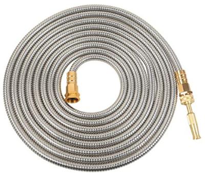 China 25FT Adjustable Stainless Steel Metal Garden Hose 304 Stainless Steel Water Hose With Solid Brass Spout for sale