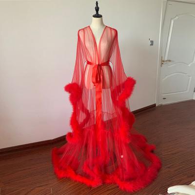 China Mesh fur mesh 2021 custom nightgown see through long robe long robe long robe robe plus size robe with fur women for sale