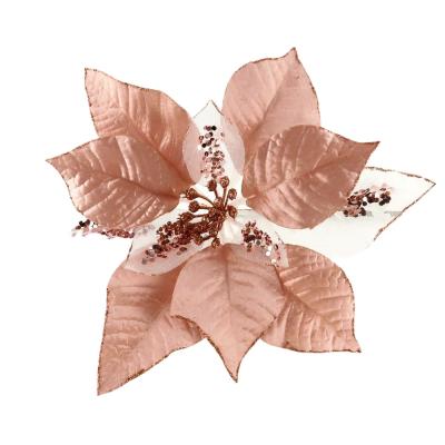 China 19036 Silk Flower Poinsettia Flowers Christmas Velvet Glitter Flower Artificial Fake Flower Decorations for sale