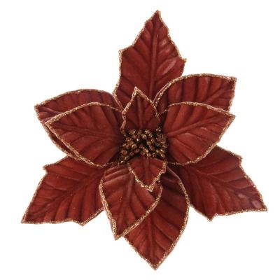 China Festival New Arrival Stitch 03180 Christmas Flower Stem Decorations Velvet Fabric Poinsettia With Glitter Edge Christmas Flowers for sale