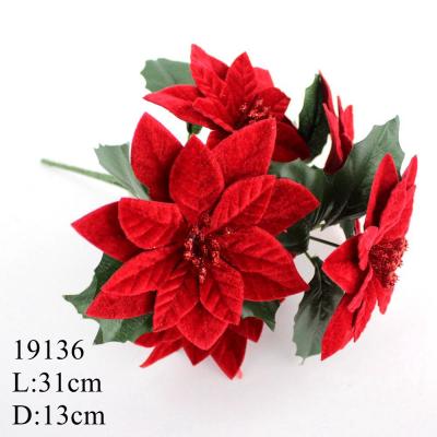 China 19136 Artificial Christmas Poinsettia Clusters Silk 5 Heads Luxury Red Flower Decoration Flower Clusters for sale