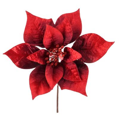China Hot Selling Festival Stitch 19238 Velvet Fake Poinsettia For Christmas Tree Decor Artificial Poinsettia Stems Fake Poinsettia Flowers for sale