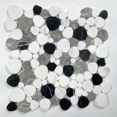 China White Mixed Marble Kitchen Backsplash Parquet Natural Black Pebble Mosaics Wall Slab Paving Flooring Bathroom Brick Slabs for sale