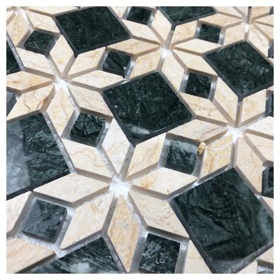 China Retro Parquet Classic Beige Green Parquet Natural Marble Stone Waterjet Mosaics Slab for sale