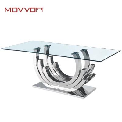 China Customizable Modern Furniture Glass Dining Set Dining Table With Polished Stainless Steel Base for sale