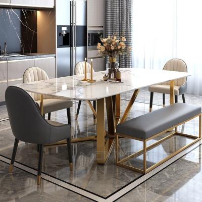 China Wholesale Luxury Home Base Modern Rectangular Marble Top Gold Dining Tables And 6 Chairs Set for sale