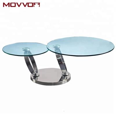 China (Height) Adjustable Best Selling Promotional Swivel Round Rotary Glass Top Chromed Silver Coffee Table for sale