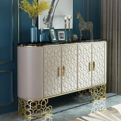 China MDF Painted Baroque Style Art Edge Arch Upholstery Solid Wood Carved Leather Sideboard Cabinet With Stainless Steel Base for sale