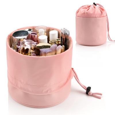 China Pink Fashion Large Drawstring Women Girls Women Waterproof Cosmetics Barrel Bags Travel Makeup Pouch Storage Bag for sale