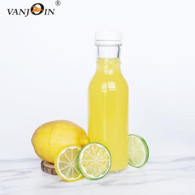 China Glass Juice Bottle With Lid 360ml, round clear limoncello glass beverage bottle for sale