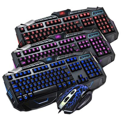 China Manufacturer V100 Waterproof Cool Three-Color USB Backlit Gamer Keyboard and Mouse Set Wired Luminous Mouse Gaming Keyboard Combos for sale